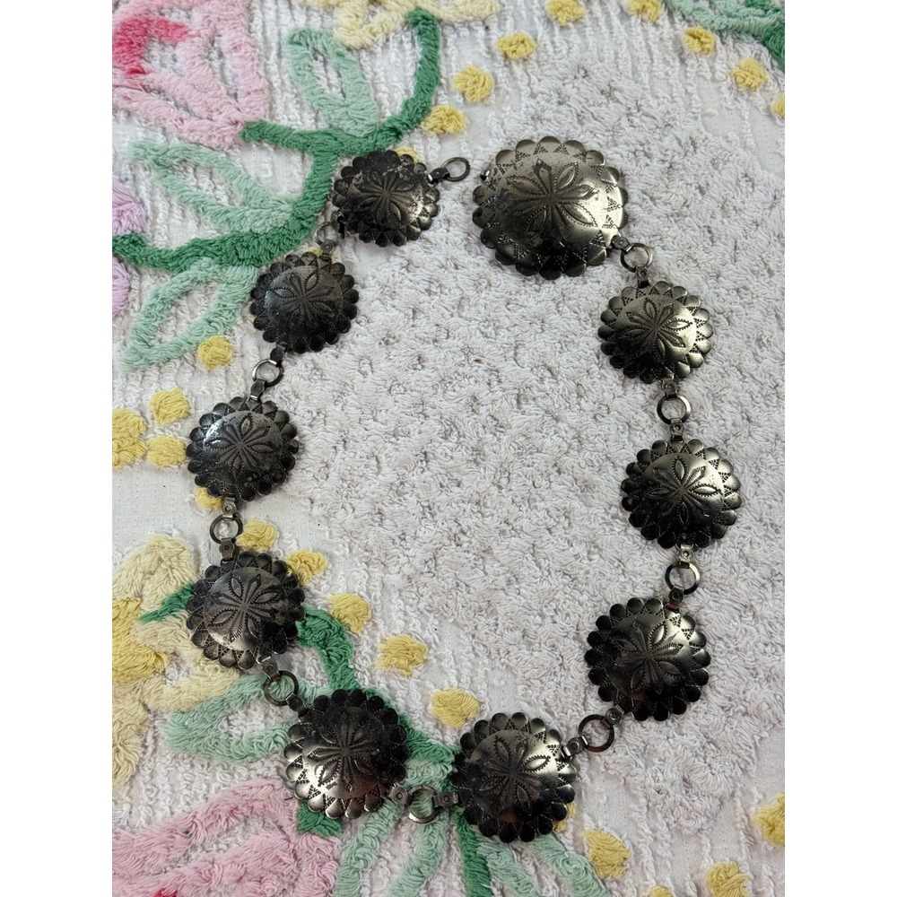 Vintage Silver Tone‎ Concho Belt Western Boho Stamped Metal Link Chain 31 Inch